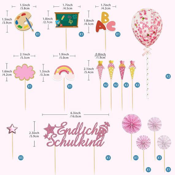 25 Stück Schulanfang Tortendeko, Tortendeko Einschulung, Einschulung Deko Kuchen Papierfächer für Junge und Mädchen Schulanfang Party Dekoration (Rosa)