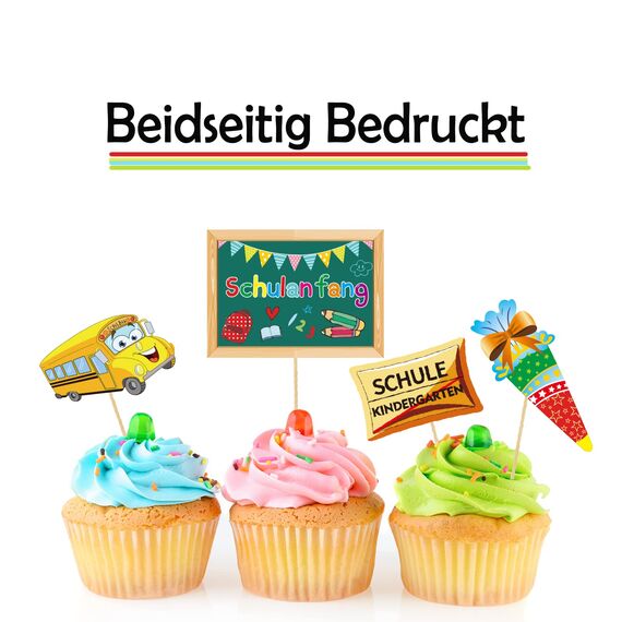 12pcs Einschulung Cupcake Topper Dekorationen für Schulanfang Tortendeko Schuleinführung Kuchen Dekorationen Fondant Muffins Zucker, für Junge Mädchen 1. Schultag Schulanfang Party Deko (Bunt)