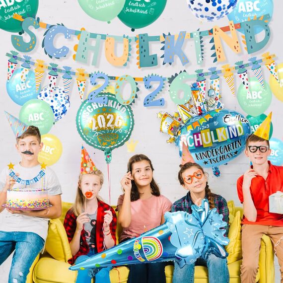 iZoeL SCHULKIND 2026 Deko Einschulung Junge, SCHULKIND Girlande + 2026 Zuckertüten Girlande + Zuckertüte SCHULKIND Folienballon + 15 Luftballon + 16 Konfetti Schulanfang Schuleinführung Deko