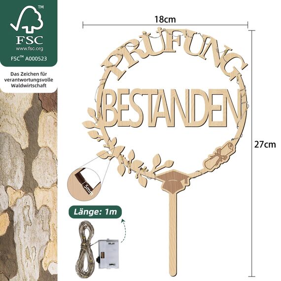 Giftota 2026 Abschluss Deko Cake Topper Prüfung Bestanden Holz mit LED Lichterkette - Tortendeko Graduation Deko - Abitur 2026, Matura, Bachelor