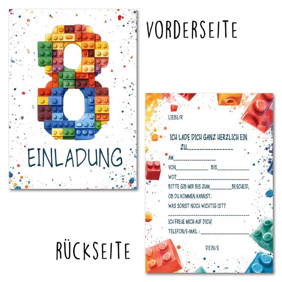 Vielucks 15 x Bausteine Einladungskarten - DIN A6 - Original - mit Aufkleber,Blocks Einladungskarten Kindergeburtstag Mädchen Junge,Geburtstagseinladungen,Party deko,Einladung Einschulung (8 Jahre)