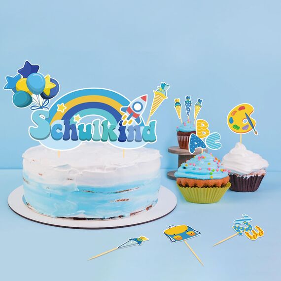 20 Stück Schulanfang Tortendeko, Tortendeko Einschulung Junge, Schultüte Einschulung Deko Cupcake Topper für Schulkind, Junge und Mädchen Schulanfang Party Dekoration (Blau Regenbogen)