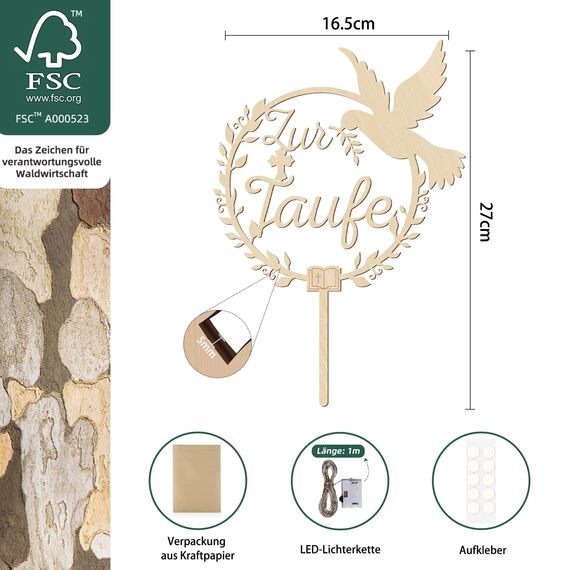 Giftota Cake Topper zur Taufe aus Holz mit LED Lichterkette, Zur Taufe Tortendeko für Mädchen, Junge