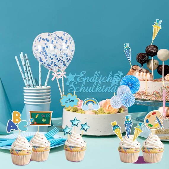 25 Stück Schulanfang Tortendeko, Tortendeko Einschulung, Einschulung Deko Kuchen Papierfächer für Junge und Mädchen Schulanfang Party Dekoration (Blau)