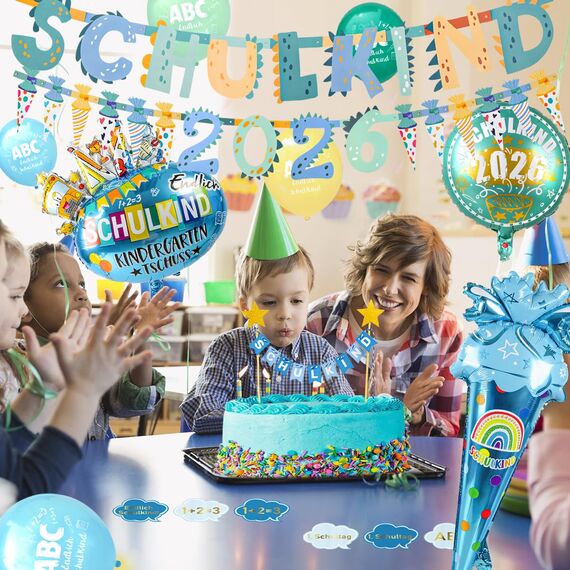iZoeL SCHULKIND 2026 Deko Einschulung Junge, SCHULKIND Girlande + 2026 Zuckertüten Girlande + Zuckertüte SCHULKIND Folienballon + 15 Luftballon + 16 Konfetti Schulanfang Schuleinführung Deko
