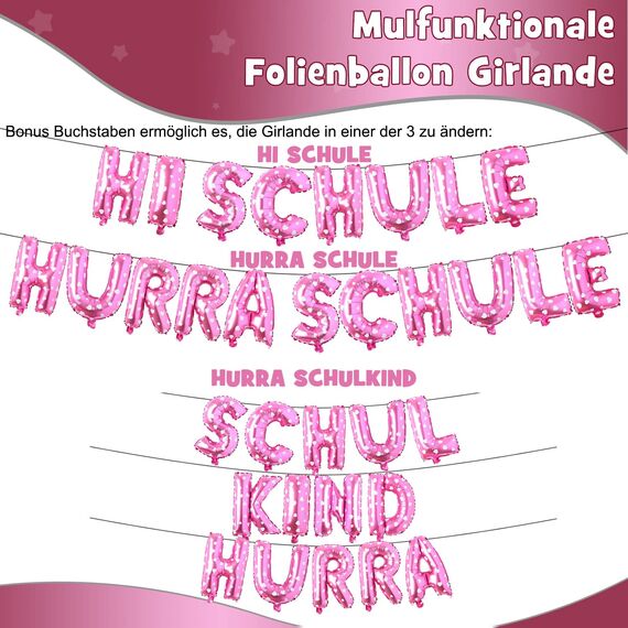 iZoeL SCHULKIND Deko Einschulung Mädchen, HURRA SCHULKIND Girlande + 2026 Folienballon + Zuckertüte Folienballon + SCHULKIND Folienballon + 15 Luftballon + 16 Konfetti Schulanfang Schuleinführung Deko