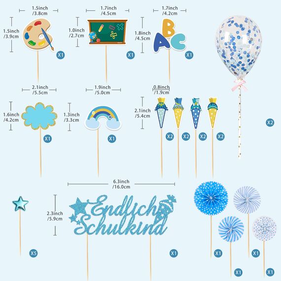 25 Stück Schulanfang Tortendeko, Tortendeko Einschulung, Einschulung Deko Kuchen Papierfächer für Junge und Mädchen Schulanfang Party Dekoration (Blau)