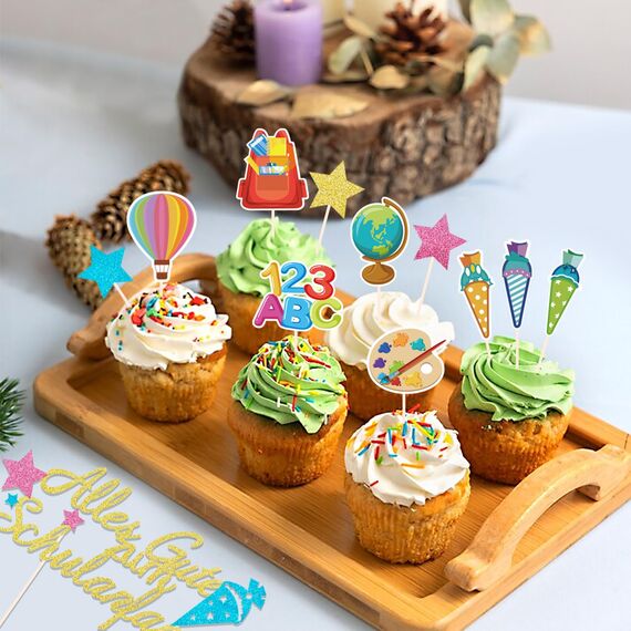 24 Stück Schulanfang Tortendeko, Tortendeko Einschulung, Einschulung Deko Kuchen Papierfächer für Junge und Mädchen Schulanfang Party Dekoration (Bunt)