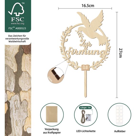 Giftota Cake Topper zur Firmung aus Holz mit LED Lichterkette - Tortendeko Firmung Deko für Junge Mädchen
