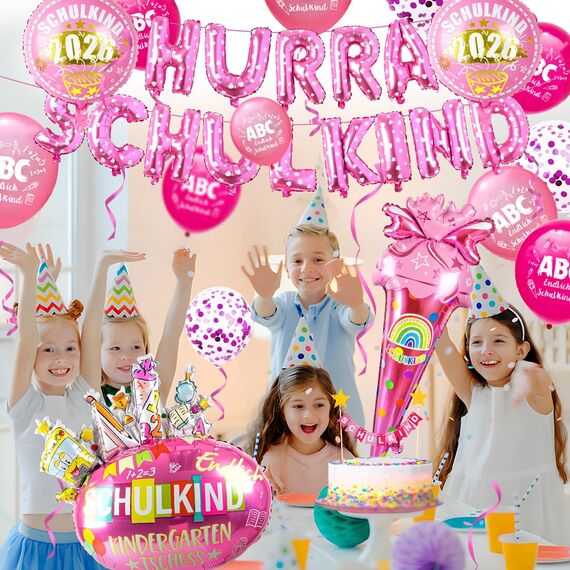 iZoeL SCHULKIND Deko Einschulung Mädchen, HURRA SCHULKIND Girlande + 2026 Folienballon + Zuckertüte Folienballon + SCHULKIND Folienballon + 15 Luftballon + 16 Konfetti Schulanfang Schuleinführung Deko