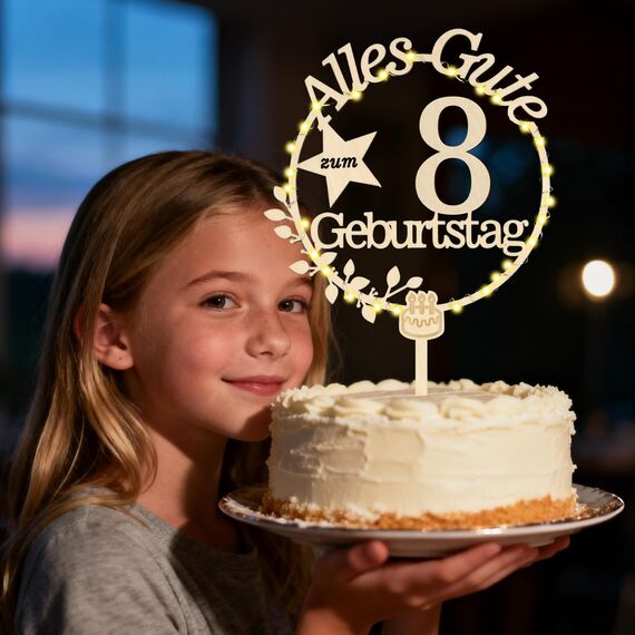Cake Topper 8. Geburtstag Holz mit LED Lichterkette - Tortendeko 8. Geburtstag Deko - Kuchen Deko für Jungen Mädchen