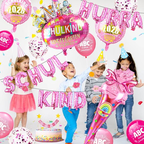 iZoeL SCHULKIND Deko Einschulung Mädchen, HURRA SCHULKIND Girlande + 2026 Folienballon + Zuckertüte Folienballon + SCHULKIND Folienballon + 15 Luftballon + 16 Konfetti Schulanfang Schuleinführung Deko