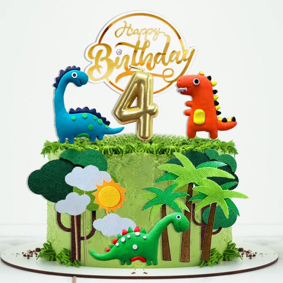 Dino Tortendeko 4 Jahre Junge Kinder, Kuchendeko Dinosaurier mit Geburtstagskerze 4, Happy Birthday Dinosaurier 4 Jahre