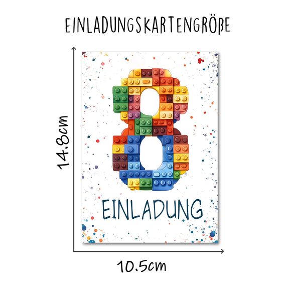 Vielucks 15 x Bausteine Einladungskarten - DIN A6 - Original - mit Aufkleber,Blocks Einladungskarten Kindergeburtstag Mädchen Junge,Geburtstagseinladungen,Party deko,Einladung Einschulung (8 Jahre)