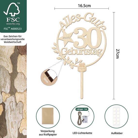 Giftota Cake Topper 85. Geburtstag Holz mit LED Lichterkette - 85. Geburtstag Deko Frauen Männer - Tortendeko 85. Geburtstagsdeko - Kuchen Deko für 85 Jahre