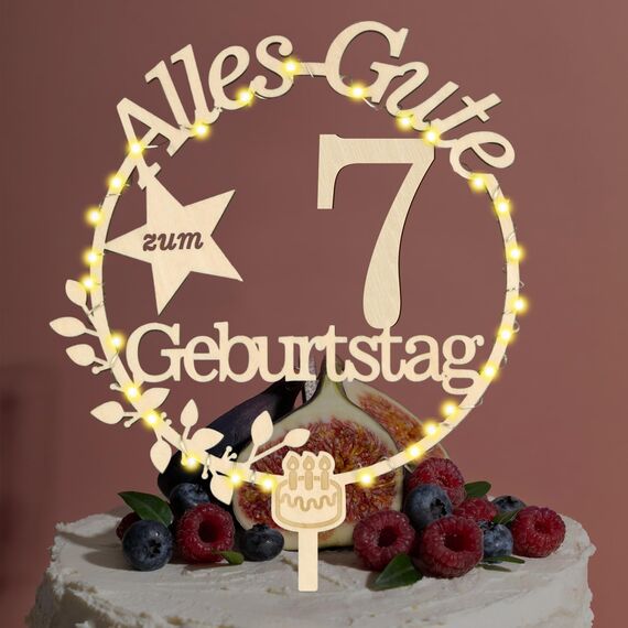 Cake Topper 7. Geburtstag Holz mit LED Lichterkette - Tortendeko 7. Geburtstag Deko - Kuchen Deko für Jungen Mädchen