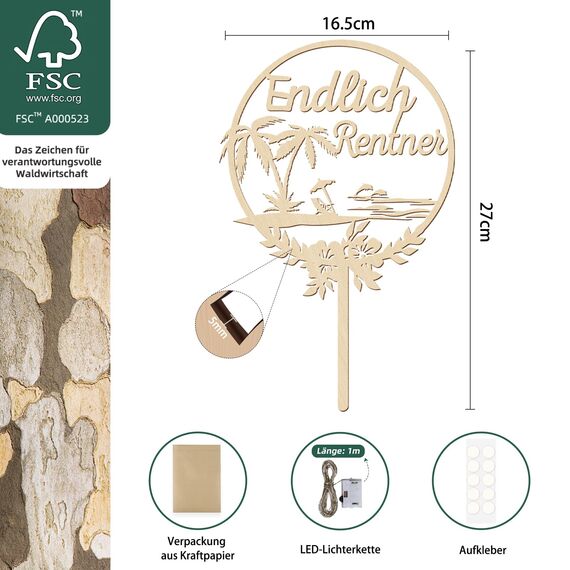 Giftota Cake Topper Endlich Rentner aus Holz mit LED Lichterkette - Tortendeko für Rentner - Rente, Ruhestand Deko