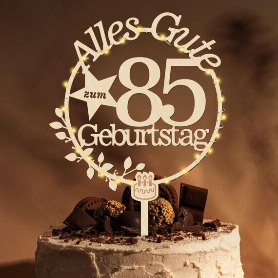 Giftota Cake Topper 85. Geburtstag Holz mit LED Lichterkette - 85. Geburtstag Deko Frauen Männer - Tortendeko 85. Geburtstagsdeko - Kuchen Deko für 85 Jahre