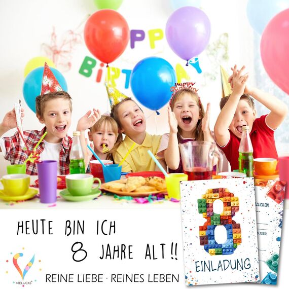 Vielucks 15 x Bausteine Einladungskarten - DIN A6 - Original - mit Aufkleber,Blocks Einladungskarten Kindergeburtstag Mädchen Junge,Geburtstagseinladungen,Party deko,Einladung Einschulung (8 Jahre)