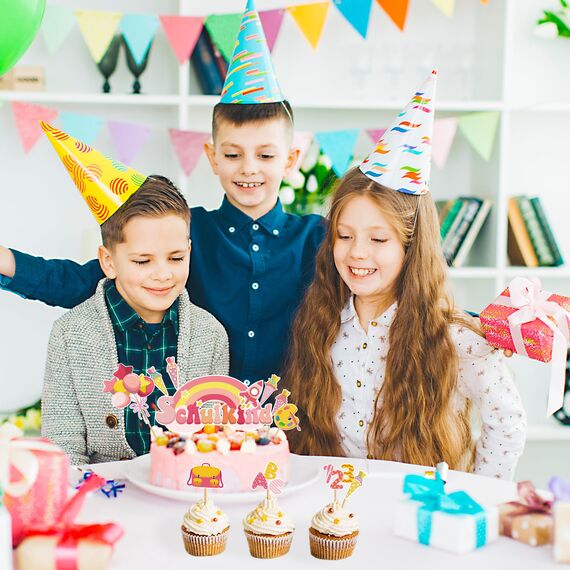 20 Stück Schulanfang Tortendeko, Tortendeko Einschulung, Schuleinführung deko Cupcake Topper für Schulkind, Junge und Mädchen Schulanfang Party Dekoration (Rosa Regenbogen)