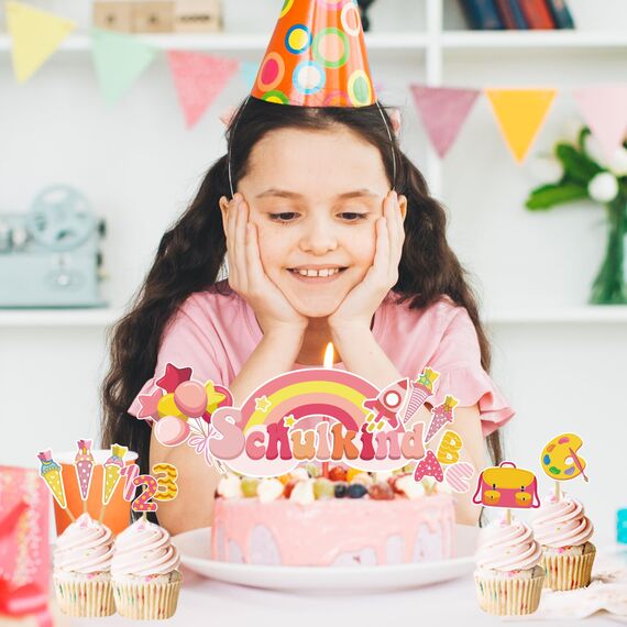 20 Stück Schulanfang Tortendeko, Tortendeko Einschulung, Schuleinführung deko Cupcake Topper für Schulkind, Junge und Mädchen Schulanfang Party Dekoration (Rosa Regenbogen)