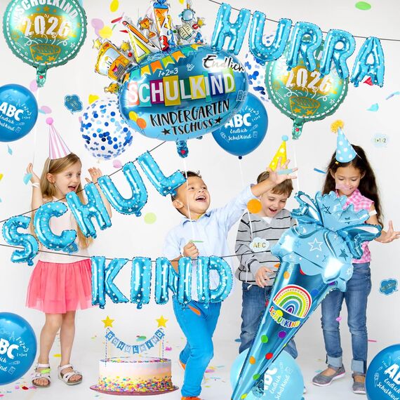 iZoeL Einschulung Deko Junge HURRA SCHULKIND Girlande + 2026 Folienballondeko + Zuckertüte Folienballon+ SCHULKIND Folienballon + 15 Luftballon + 14 Konfetti Schulanfang Deko Einschulungsdeko