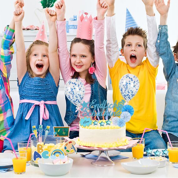 25 Stück Schulanfang Tortendeko, Tortendeko Einschulung, Einschulung Deko Kuchen Papierfächer für Junge und Mädchen Schulanfang Party Dekoration (Blau)