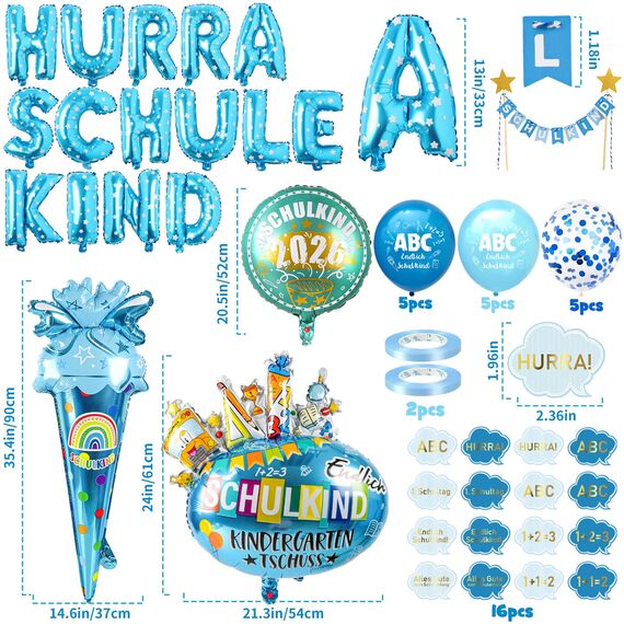 iZoeL Einschulung Deko Junge HURRA SCHULKIND Girlande + 2026 Folienballondeko + Zuckertüte Folienballon+ SCHULKIND Folienballon + 15 Luftballon + 14 Konfetti Schulanfang Deko Einschulungsdeko