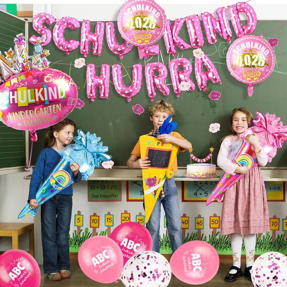 iZoeL SCHULKIND Deko Einschulung Mädchen, HURRA SCHULKIND Girlande + 2026 Folienballon + Zuckertüte Folienballon + SCHULKIND Folienballon + 15 Luftballon + 16 Konfetti Schulanfang Schuleinführung Deko