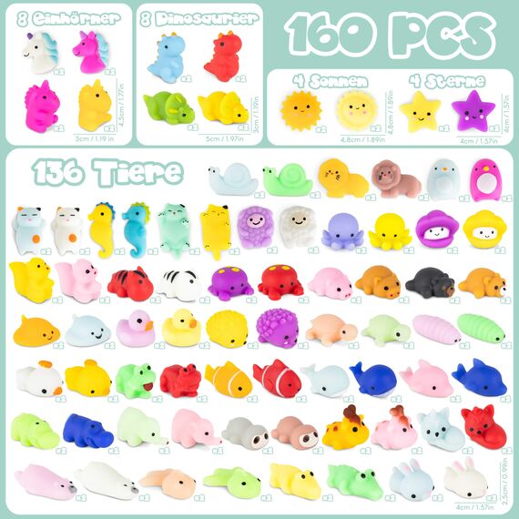 BONNYCO Mochi Squishy Set Mitgebsel Kindergeburtstag Gastgeschenke, 160 Stück Kleine Geschenke für Kinder. Mitbringsel Kindergeburtstag Gastgeschenk, Pinata Füllung. Give Aways, Einschulung Set