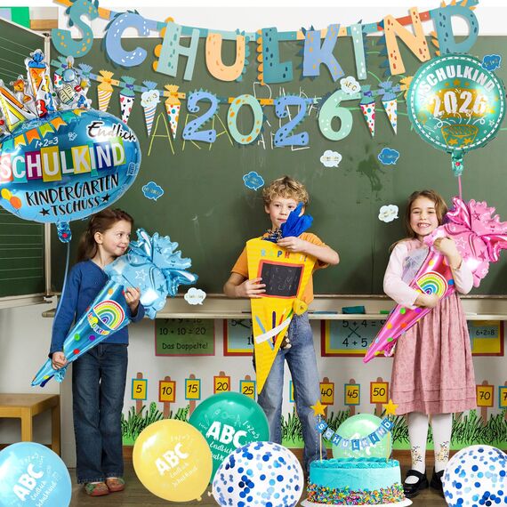 iZoeL SCHULKIND 2026 Deko Einschulung Junge, SCHULKIND Girlande + 2026 Zuckertüten Girlande + Zuckertüte SCHULKIND Folienballon + 15 Luftballon + 16 Konfetti Schulanfang Schuleinführung Deko