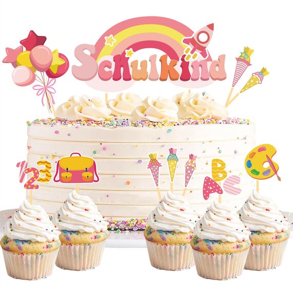 20 Stück Schulanfang Tortendeko, Tortendeko Einschulung, Schuleinführung deko Cupcake Topper für Schulkind, Junge und Mädchen Schulanfang Party Dekoration (Rosa Regenbogen)