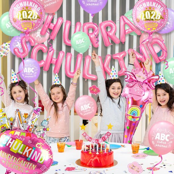 iZoeL SCHULKIND Deko Einschulung Deko Mädchen, HURRA SCHULKIND Girlande 2026 Folienballon Zuckertüte Folienballon 15 Luftballon 16 Konfetti Schulanfang Schuleinführung Deko