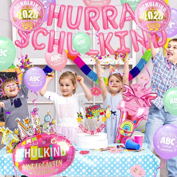 iZoeL SCHULKIND Deko Einschulung Deko Mädchen, HURRA SCHULKIND Girlande 2026 Folienballon Zuckertüte Folienballon 15 Luftballon 16 Konfetti Schulanfang Schuleinführung Deko