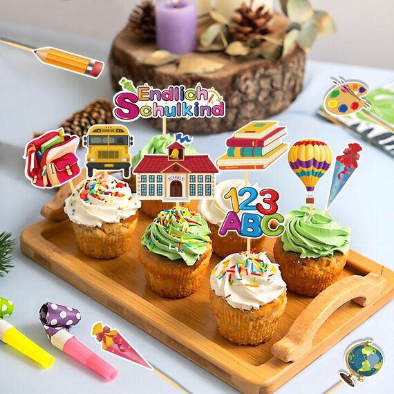 24 Stück Schulanfang Tortendeko, Schuleinführung deko Cupcake Topper, Endlich Schulkind Tortendeko Einschulung, Einschulung deko mädchen für Schulkind 2023 deko Schulanfang Party Dekoration (Schule)