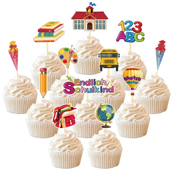 24 Stück Schulanfang Tortendeko, Schuleinführung deko Cupcake Topper, Endlich Schulkind Tortendeko Einschulung, Einschulung deko mädchen für Schulkind 2023 deko Schulanfang Party Dekoration (Schule)