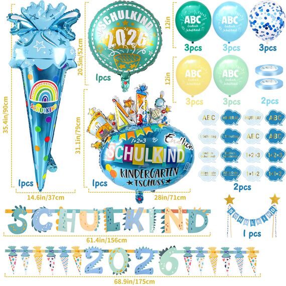 iZoeL SCHULKIND 2026 Deko Einschulung Junge, SCHULKIND Girlande + 2026 Zuckertüten Girlande + Zuckertüte SCHULKIND Folienballon + 15 Luftballon + 16 Konfetti Schulanfang Schuleinführung Deko