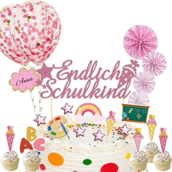 25 Stück Schulanfang Tortendeko, Tortendeko Einschulung, Einschulung Deko Kuchen Papierfächer für Junge und Mädchen Schulanfang Party Dekoration (Rosa)