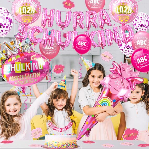 iZoeL SCHULKIND Deko Einschulung Mädchen, HURRA SCHULKIND Girlande + 2026 Folienballon + Zuckertüte Folienballon + SCHULKIND Folienballon + 15 Luftballon + 16 Konfetti Schulanfang Schuleinführung Deko