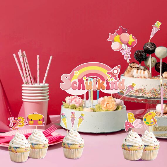 20 Stück Schulanfang Tortendeko, Tortendeko Einschulung, Schuleinführung deko Cupcake Topper für Schulkind, Junge und Mädchen Schulanfang Party Dekoration (Rosa Regenbogen)