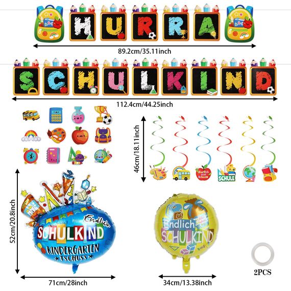 SCHULKIND 2026 Deko Einschulung für Junge Mädchen, mit Girlande, Spiralen, Tortendeko, Luftballon, Folienballon - Perfekt für Schuleinführung, Schulanfang, Schulparty Deko