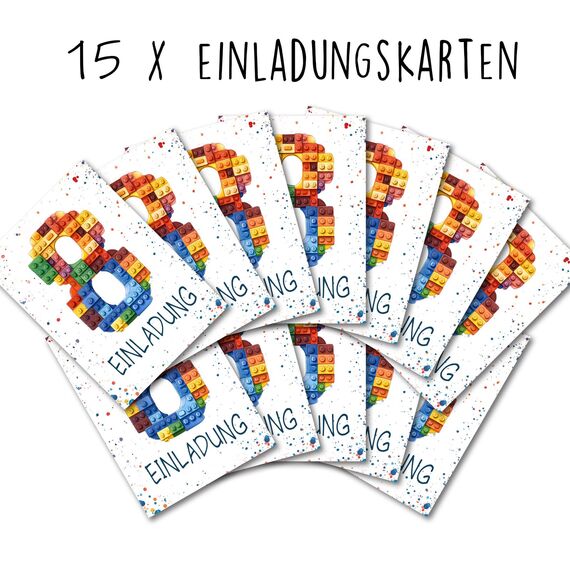 Vielucks 15 x Bausteine Einladungskarten - DIN A6 - Original - mit Aufkleber,Blocks Einladungskarten Kindergeburtstag Mädchen Junge,Geburtstagseinladungen,Party deko,Einladung Einschulung (8 Jahre)