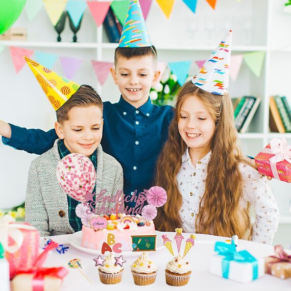 25 Stück Schulanfang Tortendeko, Tortendeko Einschulung, Einschulung Deko Kuchen Papierfächer für Junge und Mädchen Schulanfang Party Dekoration (Rosa)