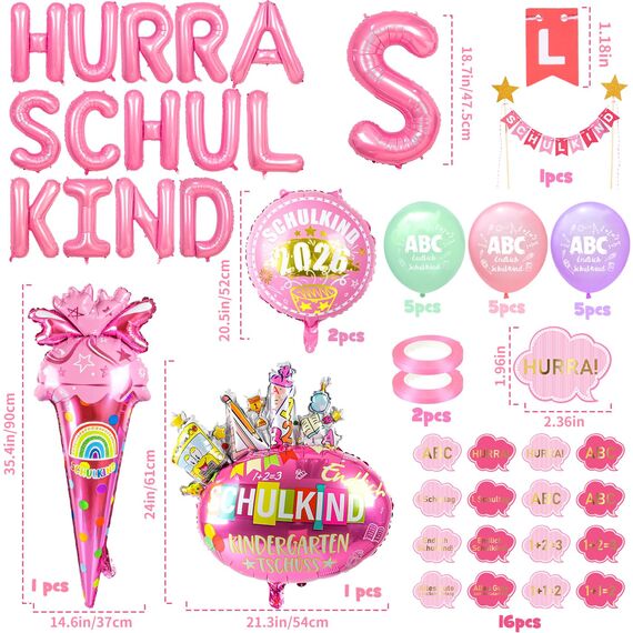 iZoeL SCHULKIND Deko Einschulung Deko Mädchen, HURRA SCHULKIND Girlande 2026 Folienballon Zuckertüte Folienballon 15 Luftballon 16 Konfetti Schulanfang Schuleinführung Deko