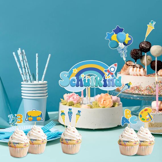 20 Stück Schulanfang Tortendeko, Tortendeko Einschulung Junge, Schultüte Einschulung Deko Cupcake Topper für Schulkind, Junge und Mädchen Schulanfang Party Dekoration (Blau Regenbogen)