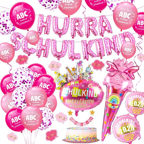 iZoeL SCHULKIND Deko Einschulung Mädchen, HURRA SCHULKIND Girlande + 2026 Folienballon + Zuckertüte Folienballon + SCHULKIND Folienballon + 15 Luftballon + 16 Konfetti Schulanfang Schuleinführung Deko