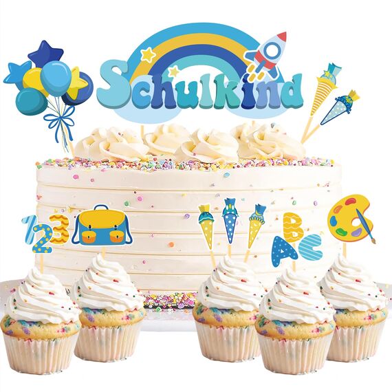 20 Stück Schulanfang Tortendeko, Tortendeko Einschulung Junge, Schultüte Einschulung Deko Cupcake Topper für Schulkind, Junge und Mädchen Schulanfang Party Dekoration (Blau Regenbogen)