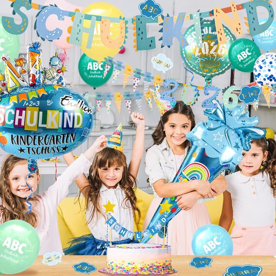 iZoeL SCHULKIND 2026 Deko Einschulung Junge, SCHULKIND Girlande + 2026 Zuckertüten Girlande + Zuckertüte SCHULKIND Folienballon + 15 Luftballon + 16 Konfetti Schulanfang Schuleinführung Deko