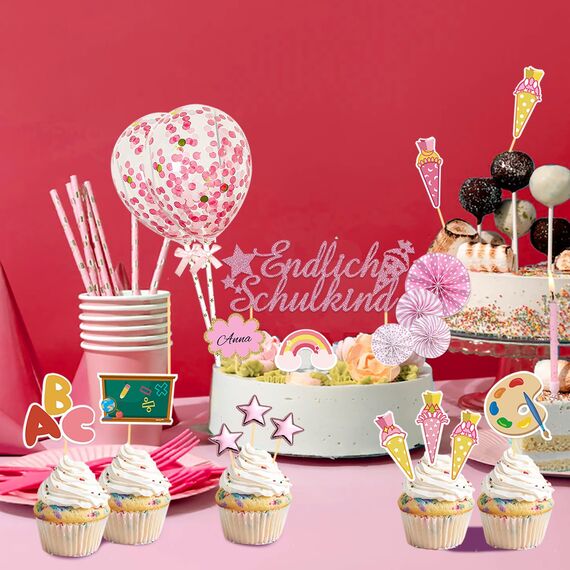25 Stück Schulanfang Tortendeko, Tortendeko Einschulung, Einschulung Deko Kuchen Papierfächer für Junge und Mädchen Schulanfang Party Dekoration (Rosa)