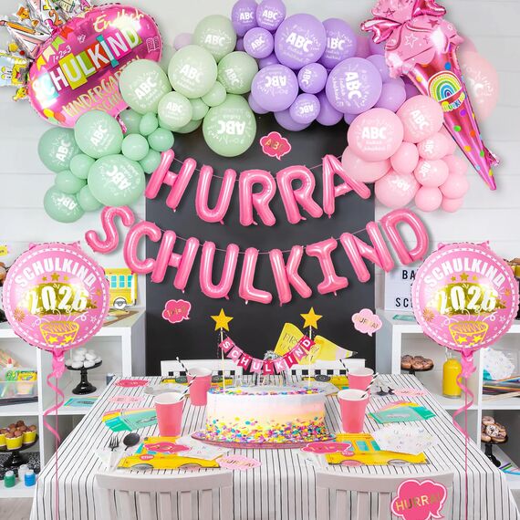 iZoeL SCHULKIND Deko Einschulung Deko Mädchen, HURRA SCHULKIND Girlande 2026 Folienballon Zuckertüte Folienballon 15 Luftballon 16 Konfetti Schulanfang Schuleinführung Deko